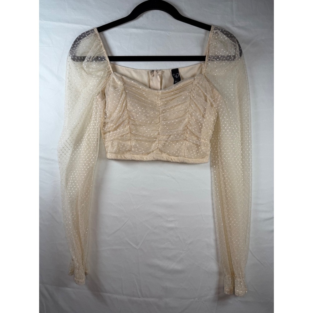 Windsor Cream Polka Dot Mesh Ruched Long Sleeve Crop Top Womens corset style‎